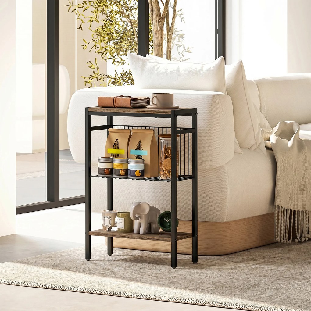 Mesa Auxiliar Estreita de 3 Níveis com Prateleiras Abertas e Estrutura de Aço para Sala e Quarto 43x18x62,5cm Carvalho