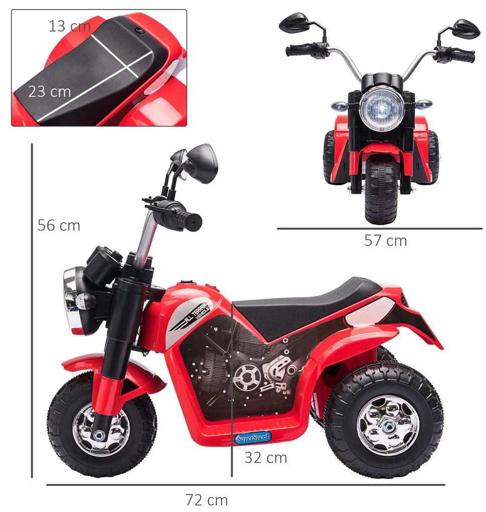 Motocicleta Elétrica Infantil com 3 Rodas Triciclo a Bateria 6V para Crianças de 18-36 Meses com Farol Buzina 72x57x56cm Vermelho