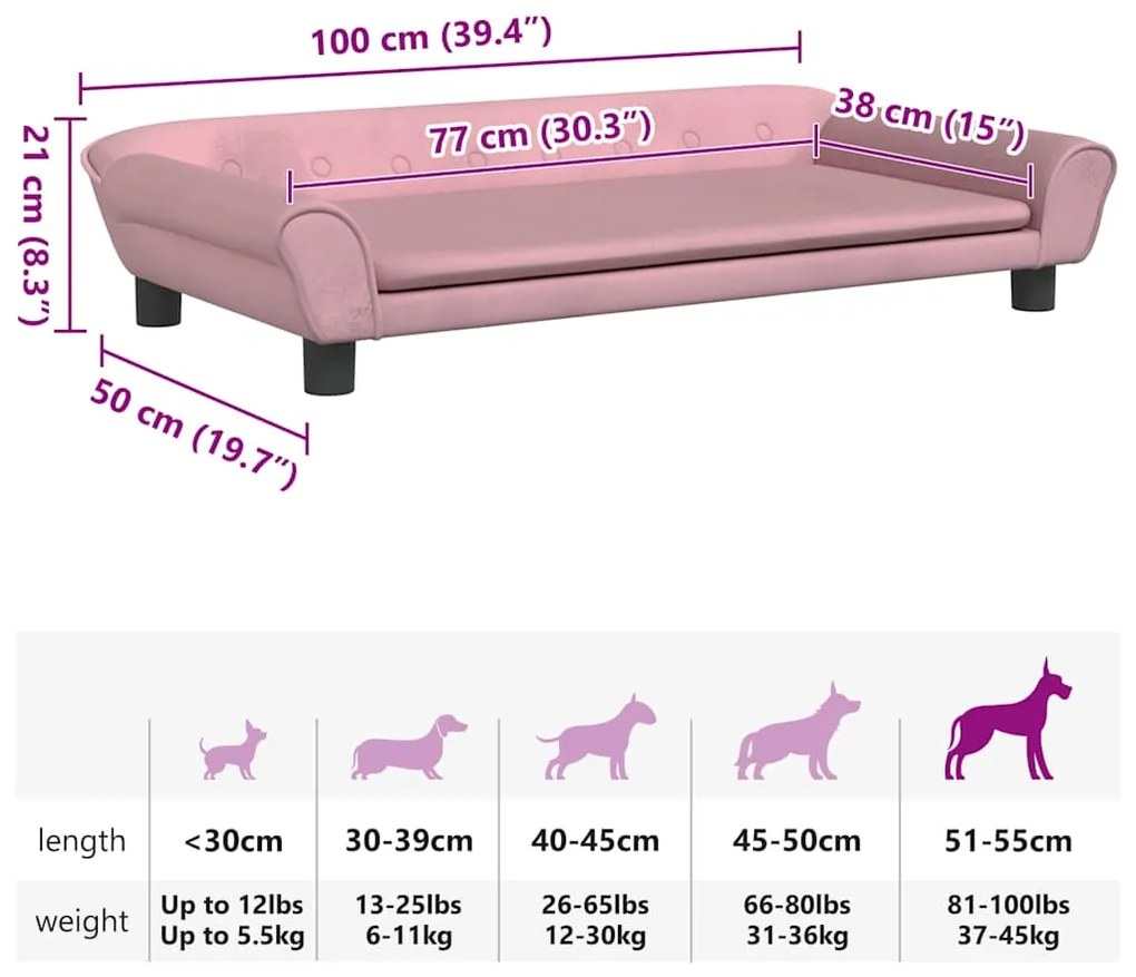 Cama para cães 100x50x21 cm veludo rosa