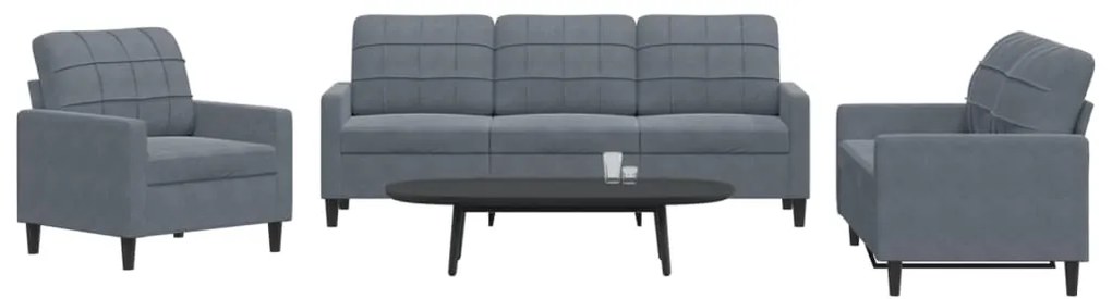 3 pcs conjunto de sofás com almofadões veludo cinzento-escuro