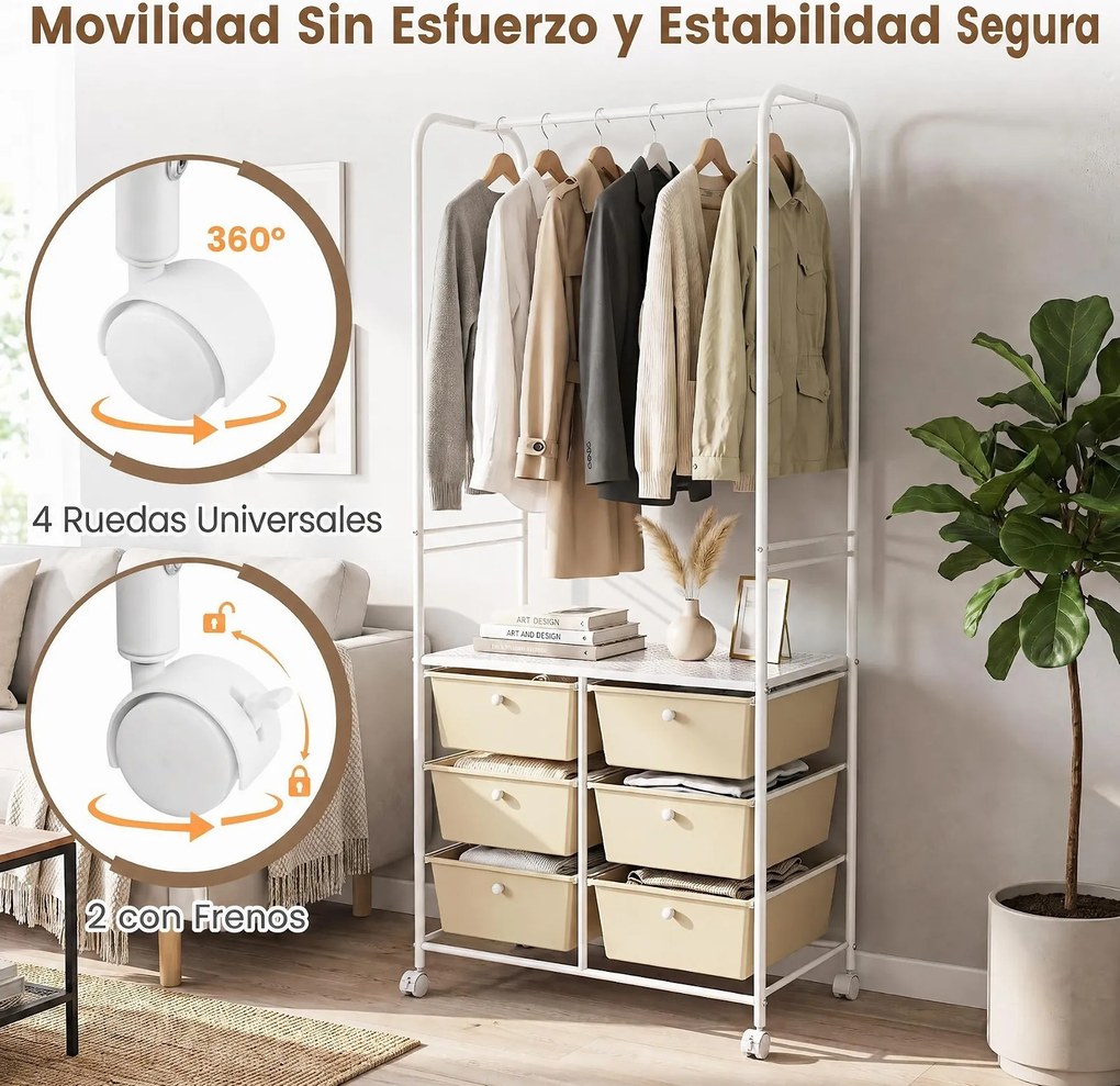 Guarda roupa aberto, 63 x 38 x 152 cm, 6 Gavetas e Rodas com Travão, Branco