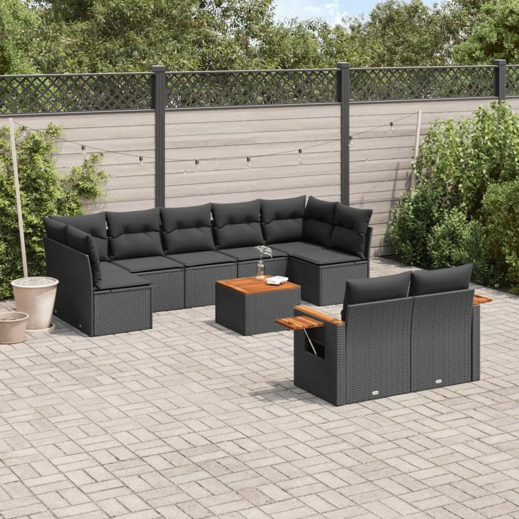 10 pcs conjunto sofás de jardim c/ almofadões vime PE preto