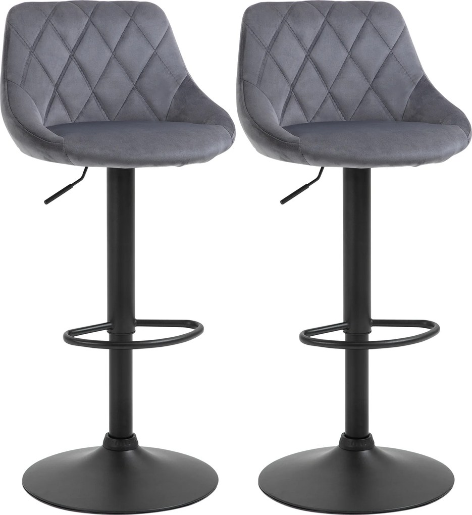 HOMCOM Lote de 2 Banquetas de Bar, Altura Regulável com Base em Metal e Assento em Veludo, Banquetas Modernas com Encosto e Descanso para os Pés, 46x48x83-104cm, Cinzento e Preto | Aosom Portugal