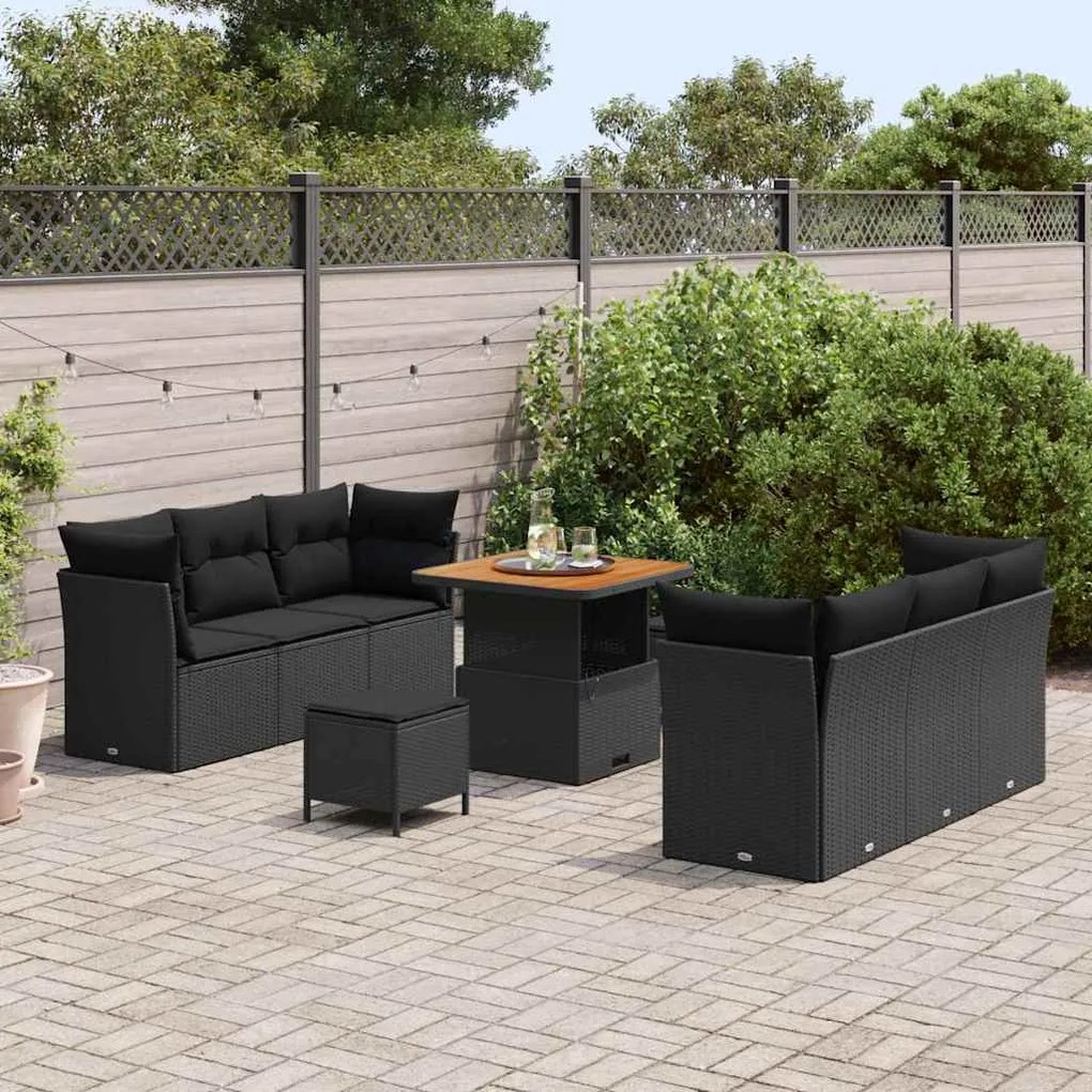 Conjunto de Sofá para Jardim com 9 Peças e Almofadas Pretas em Rattan
