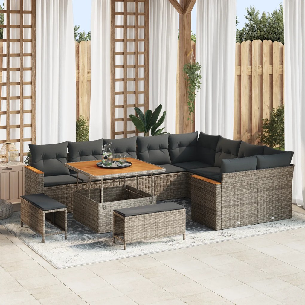 Conjunto de Sofá de Jardim de 12 Peças com Almofadas Cinza Vime PE Acácia