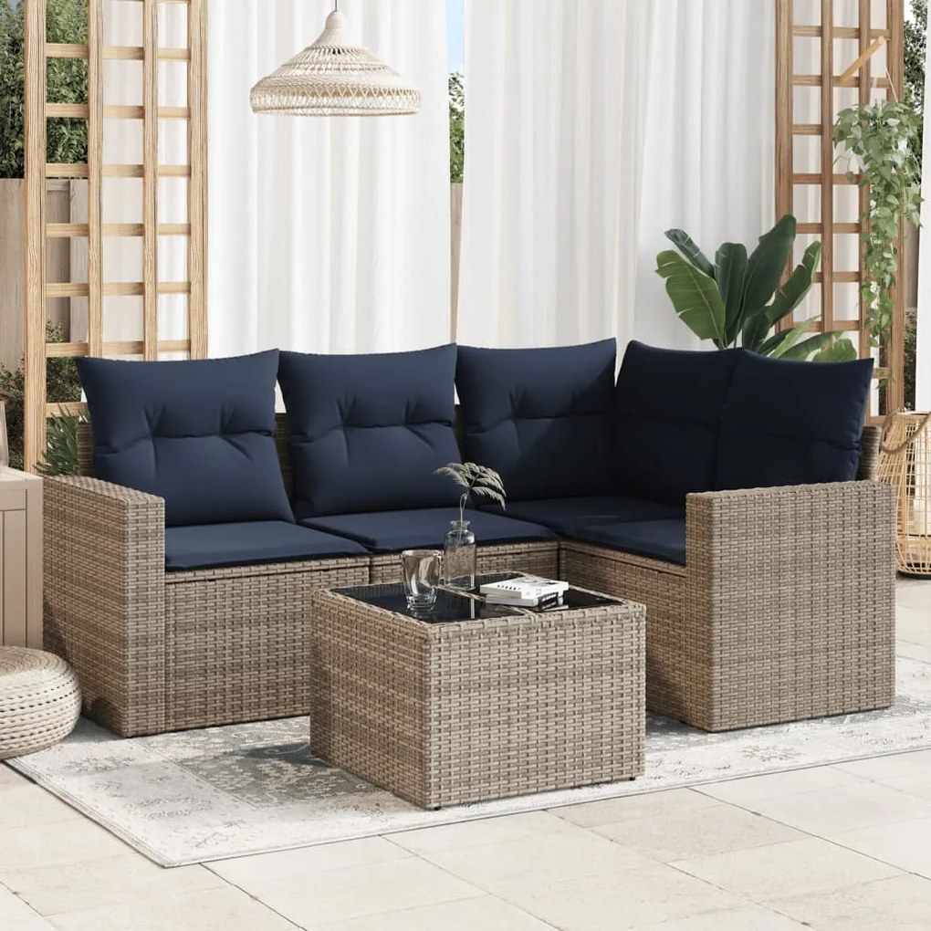 vidaXL 5 pcs conjunto sofás p/ jardim c/ almofadões vime PE cinzento