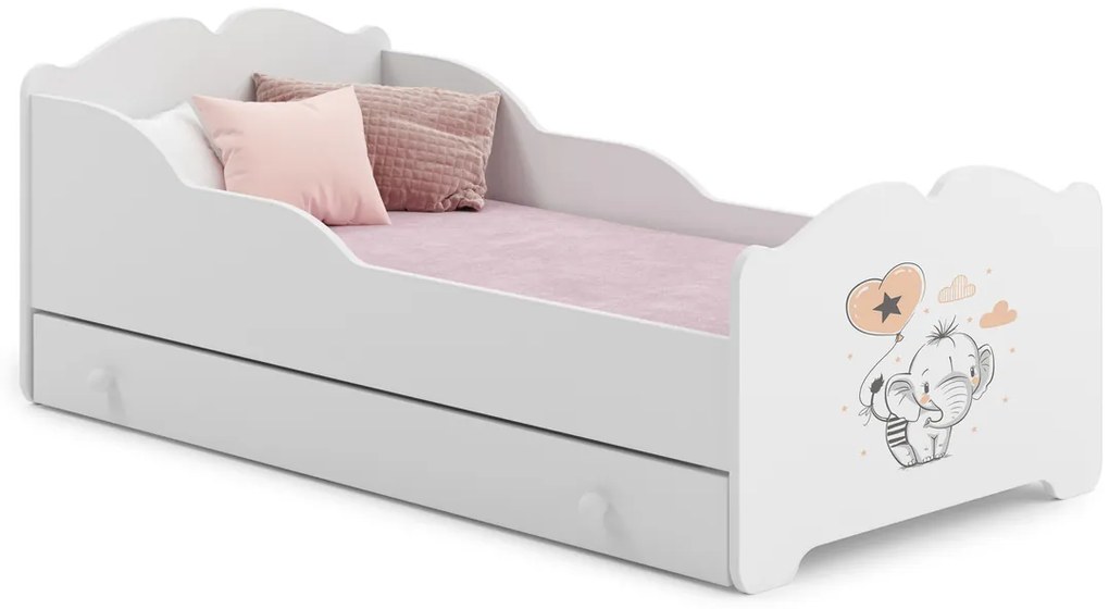 Cama infantil ANNA branca com gaveta 160x80 - elefante - colchão e estrado incluído