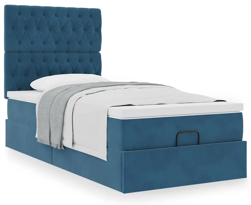 Estrutura cama otomana com colchões azul escuro 90x190cm veludo