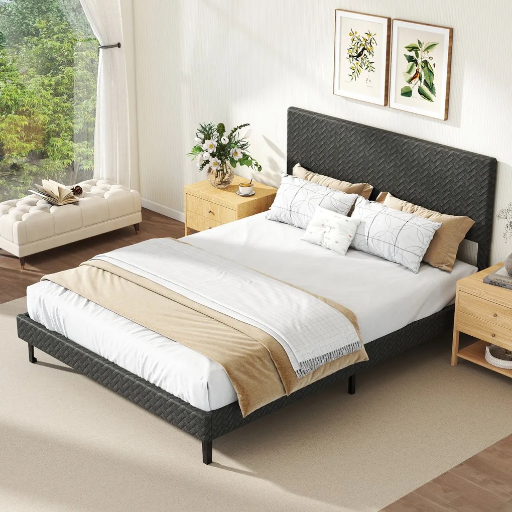 Estrutura de cama 160 x 200 cm com plataforma estofada (COLCHÃO NÃO INCLUIDO), cabeceira Chevron ajustável em altura e base de ripas de madeira incluí