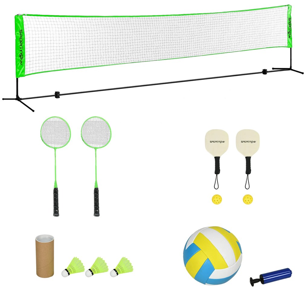 Kit de Badminton de 7 Peças Jogo de Badminton com 2 Raquetes 3 Badminton 2 Raquetes de Pickleball 2 Bolas de Pickleball Bola de Voleibol e Rede com Su