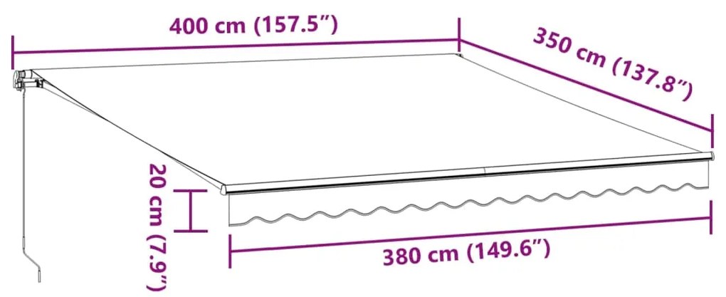 Toldo retrátil manual com luzes LED 400x350 cm bordô
