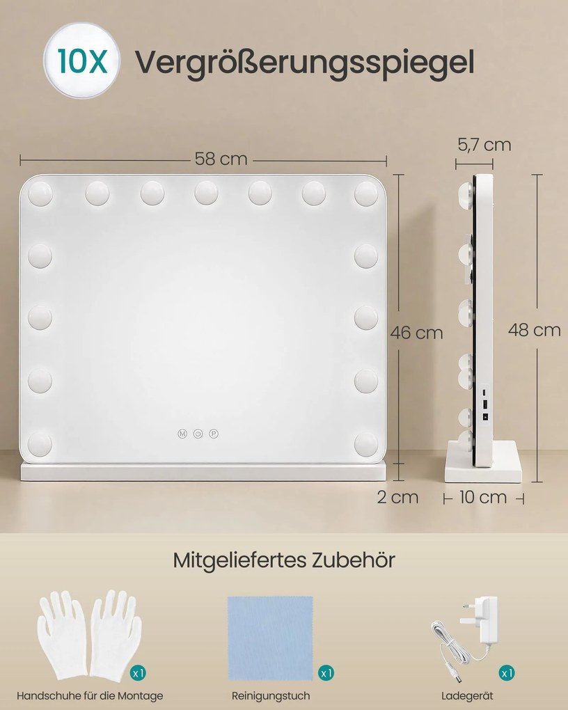 Espelho de maquilhagem 48 x 58 x 5,7 cm estilo Hollywood com 15 LEDs reguláveis Branco