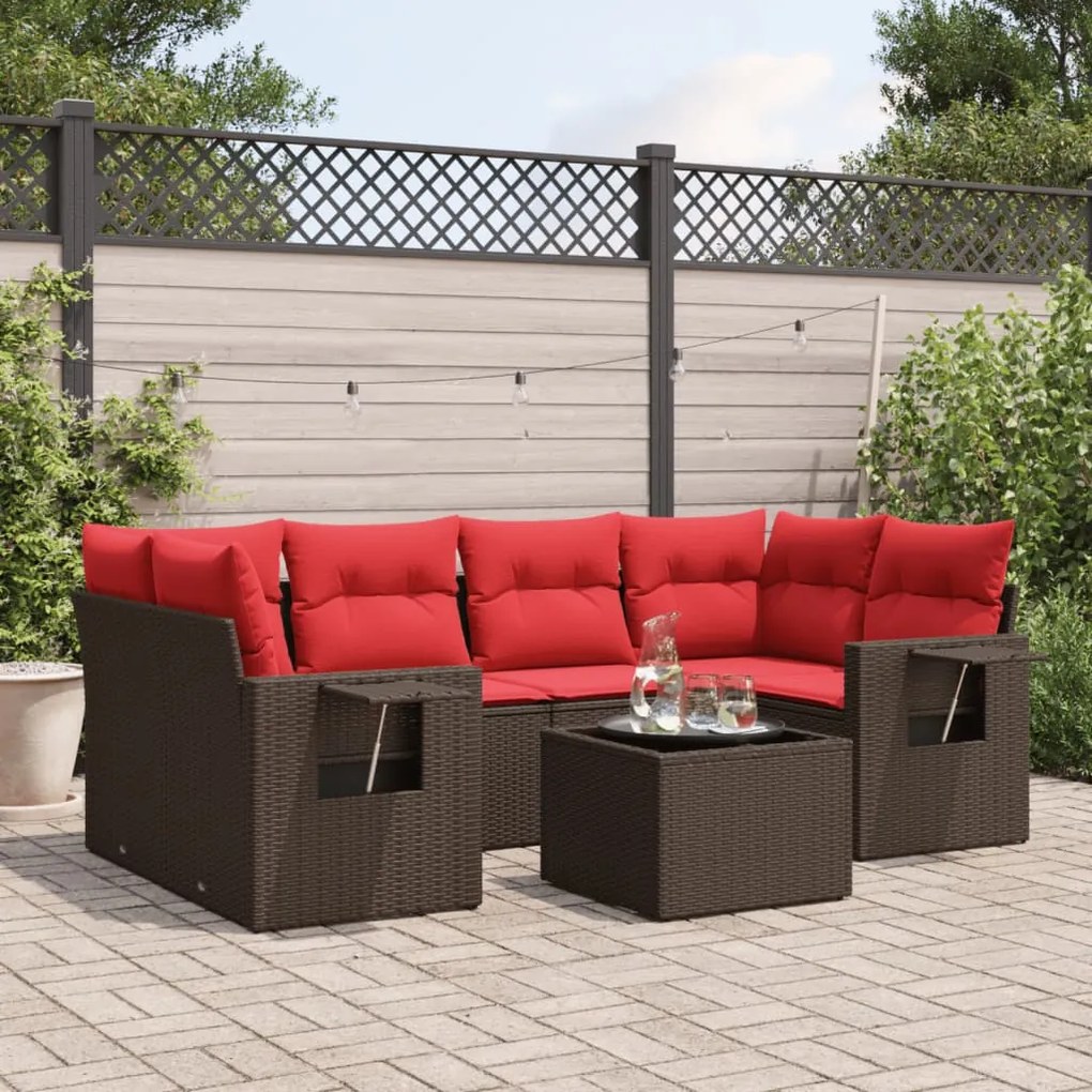 vidaXL 7 pcs conjunto de sofás jardim c/ almofadões vime PE castanho