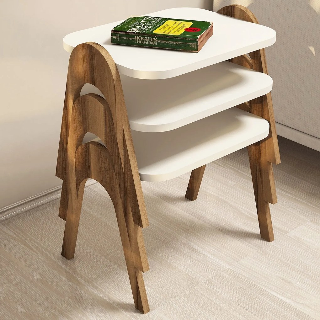 Conjunto de Mesas de Encastrar Paris – Nogueira e Creme – 48,6 cm x 42
