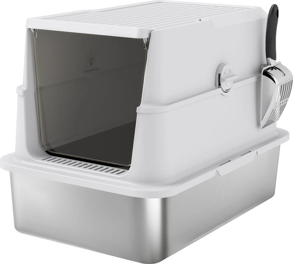 PawHut Caixa sanitária para gatos, aço inoxidável, interior XL, com pá, cinza claro | Aosom Portugal