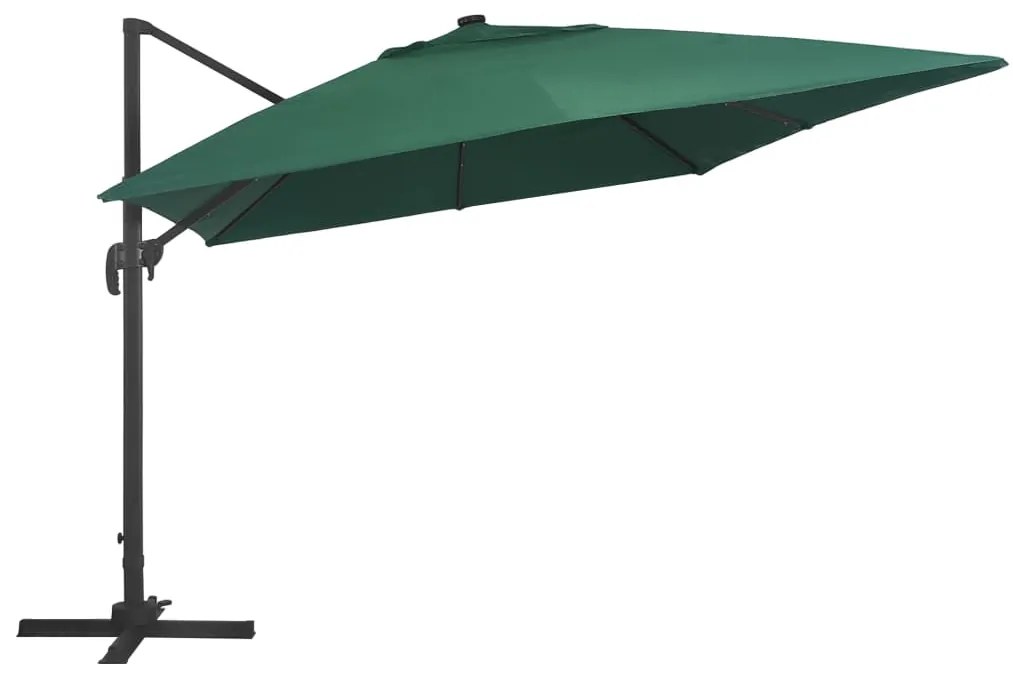 Guarda-sol cantilever luzes LED/poste alumínio 400x300 cm verde