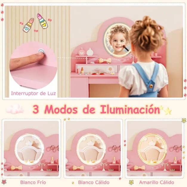 Toucador infantil com luzes e cadeira de princesa com 2 gavetas e Estante de 2 níveis, 3 ganchos e 2 prateleiras abertas Rosa