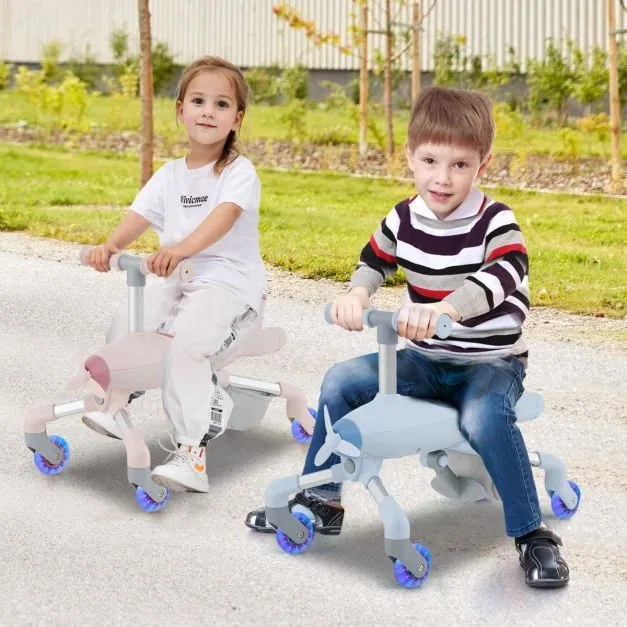 Carrinho de bebé 2 em 1 com tema de avião, rodas iluminadas por LED, pega amovível, apoio para os pés dobrável e ajustável para crianças dos 18 aos 70