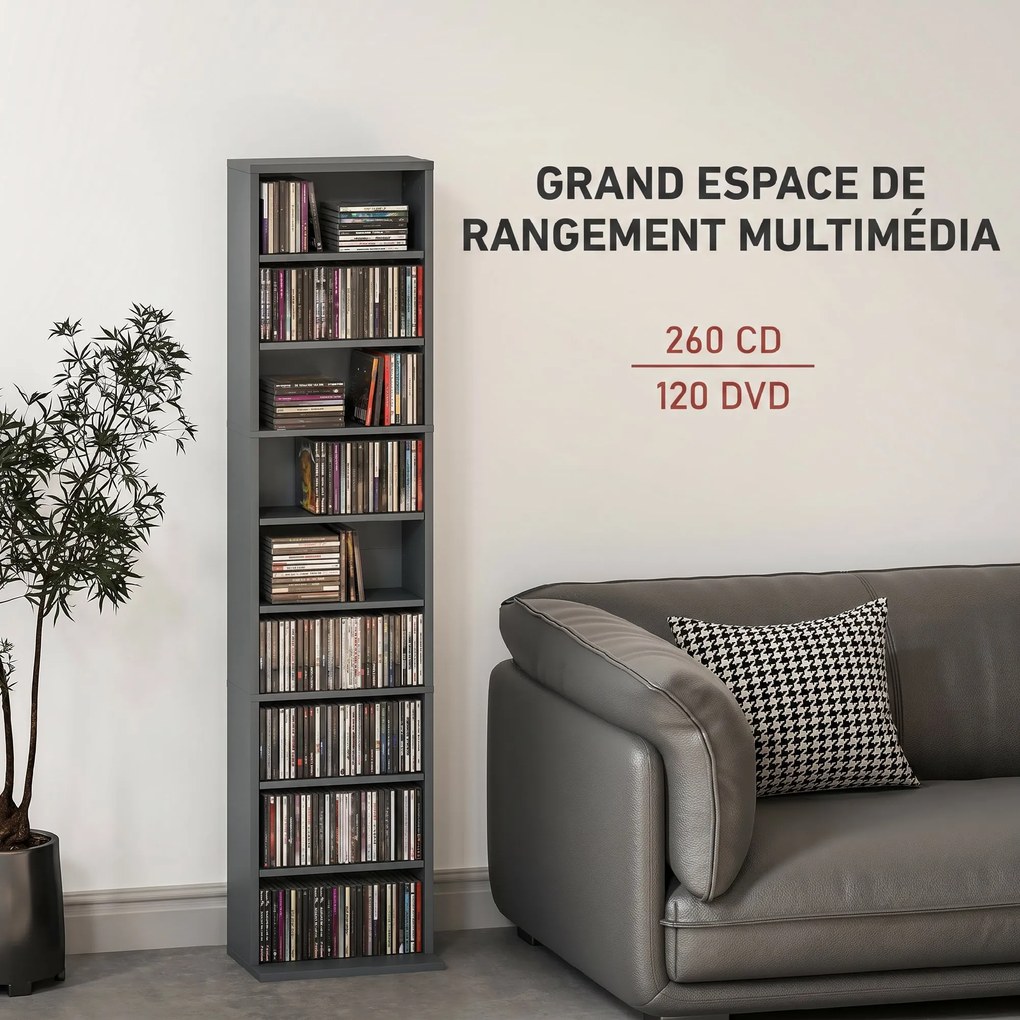 Organizador para CD e DVD com 9 compartimentos e 6 prateleiras ajustáveis; capacidade máxima de 260 CD/120 DVD; 33 x 24 x 140 cm; cinzento