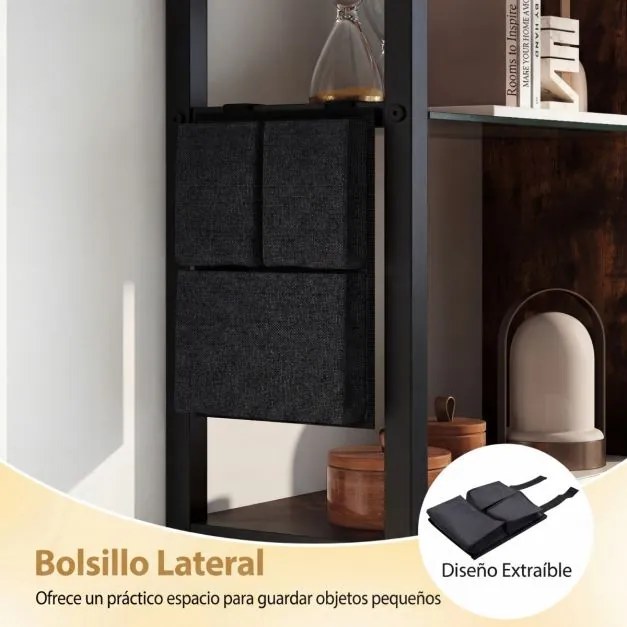 Prateleira suspensa moderna 107 x 24 x 96 cm, 6 níveis, 8 ganchos e bolso lateral para cozinha, bar ou casa – Preta e castanha