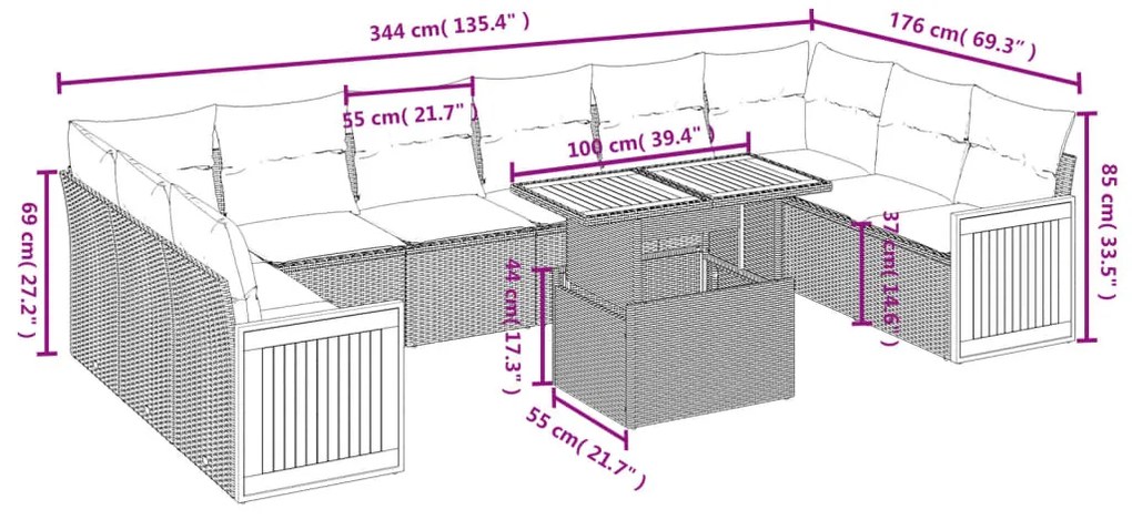 11 pcs conjunto sofás de jardim c/ almofadões vime PE preto