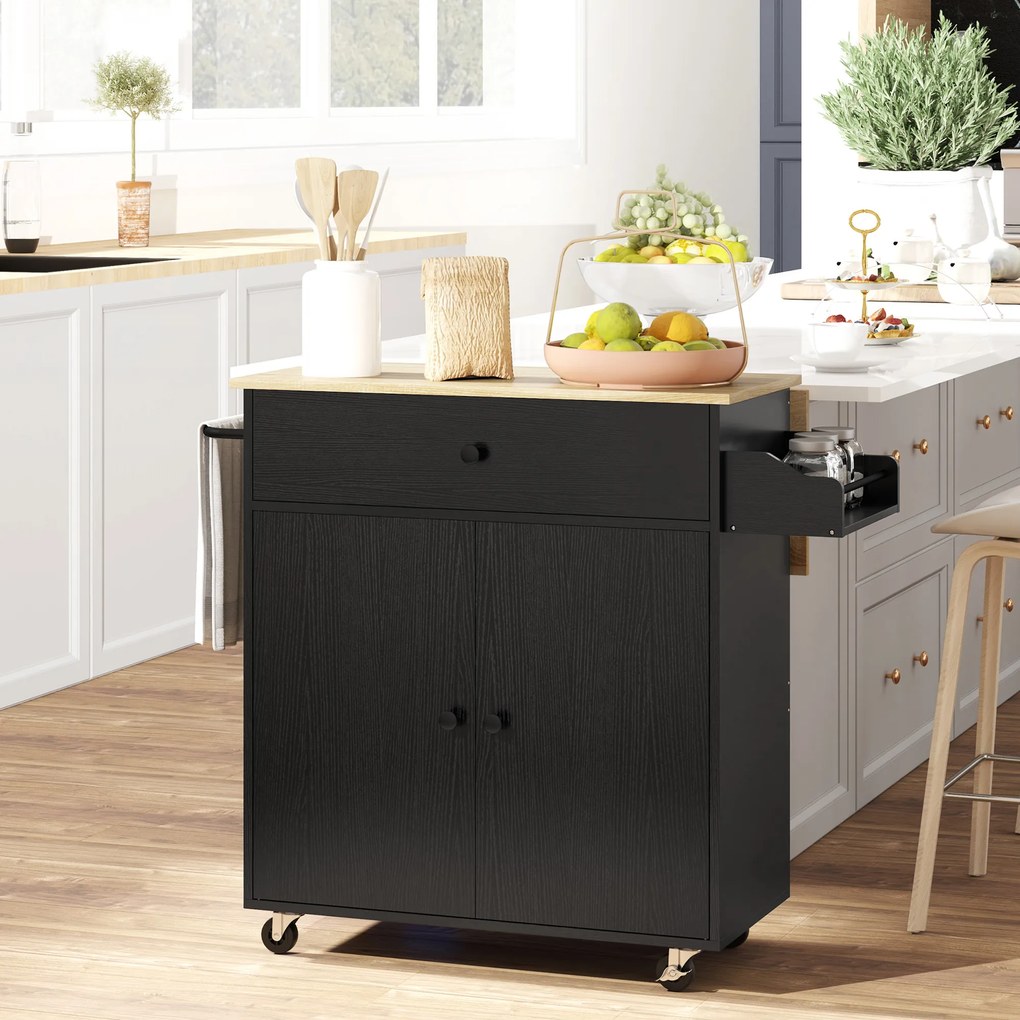 Ilha de Cozinha com Rodas com Lateral Dobrável Gaveta Suporte para Temperos e Prateleira Ajustável 106x42x87 cm Preto e Carvalho