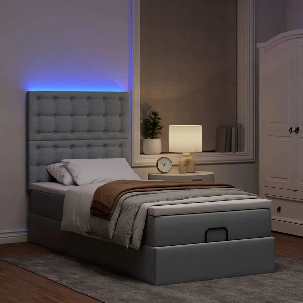 Cama Otomana com colchão & LEDs 90x200 cm tecido cinzento claro
