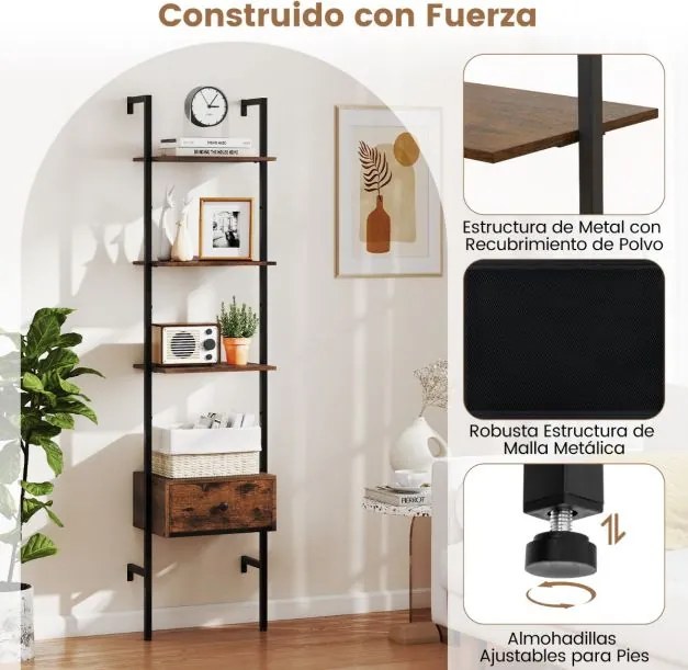 Estante em forma escada de 5 níveis com gaveta de parede alta de 177,5 cm com estrutura metálica Castanho