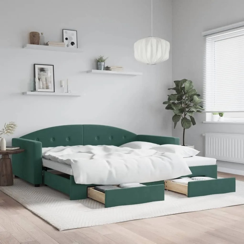 vidaXL Sofá-cama c/ gavetão e gavetas 100x200 cm veludo verde-escuro