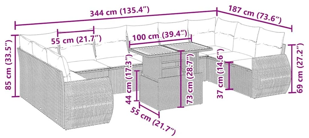 11 pcs conjunto sofás de jardim c/ almofadões vime PE bege