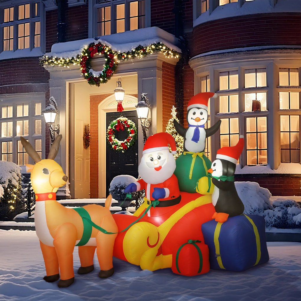 Pai Natal Insuflável com Trenó Pinguins e Renas Insufláveis de Natal com Luzes LED Decoração de Natal 180x120x155 cm Multicor
