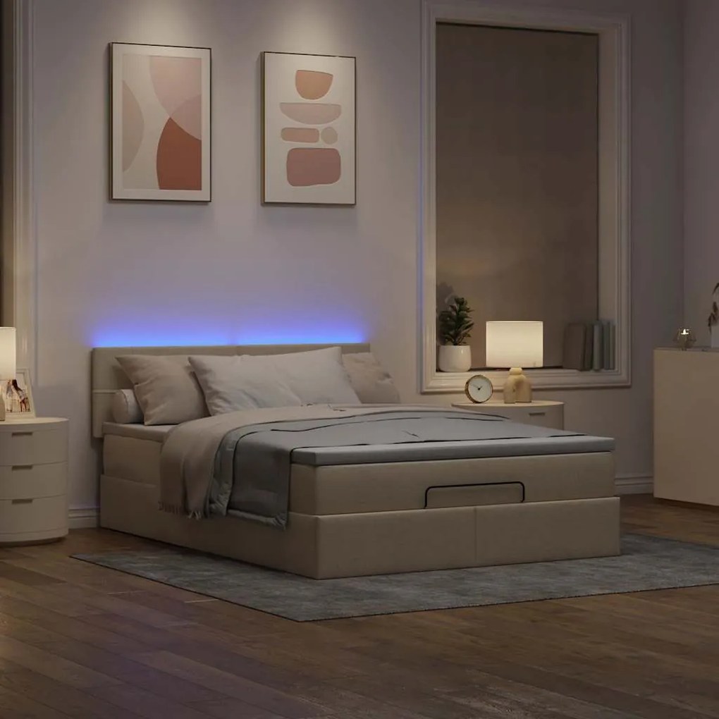 Cama Otomana com Colchão &amp; LEDs Creme 140x200 cm Tecido