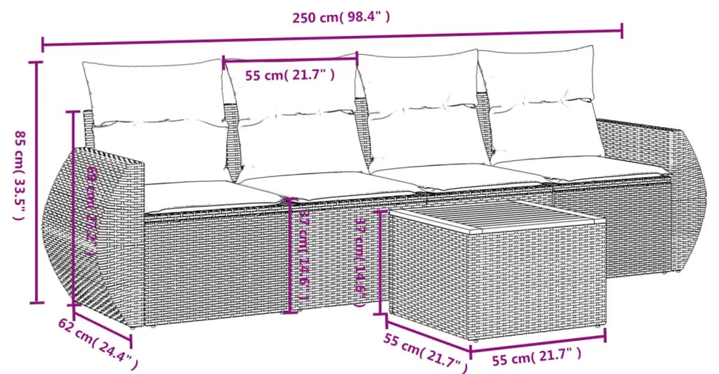 5 pcs conjunto sofás de jardim com almofadões vime PE preto