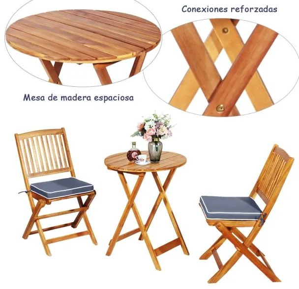 Conjunto dobrável para Jardim Bistro Mesa e cadeiras de madeira dobráveis com almofadas macias para terraço jardim Cinzento e Castanho