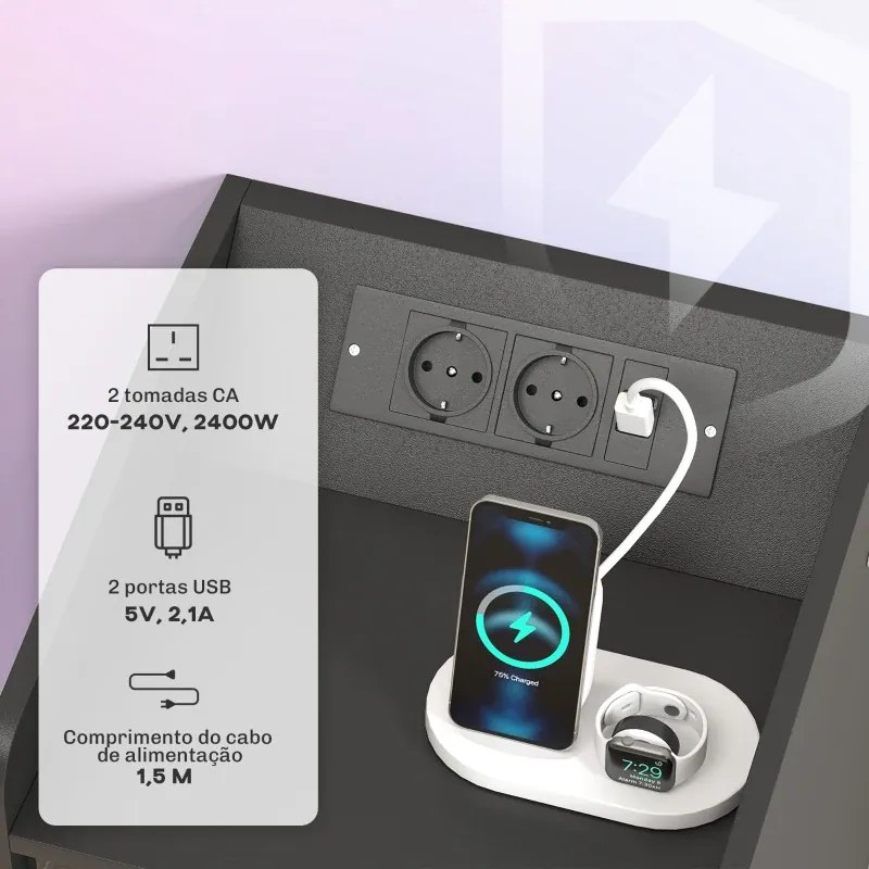 Mesa de Cabeceira com Luzes LED Gaveta 40x40x58 cm com Estação de Carregamento Entrada USB e Controlo Remoto Preta