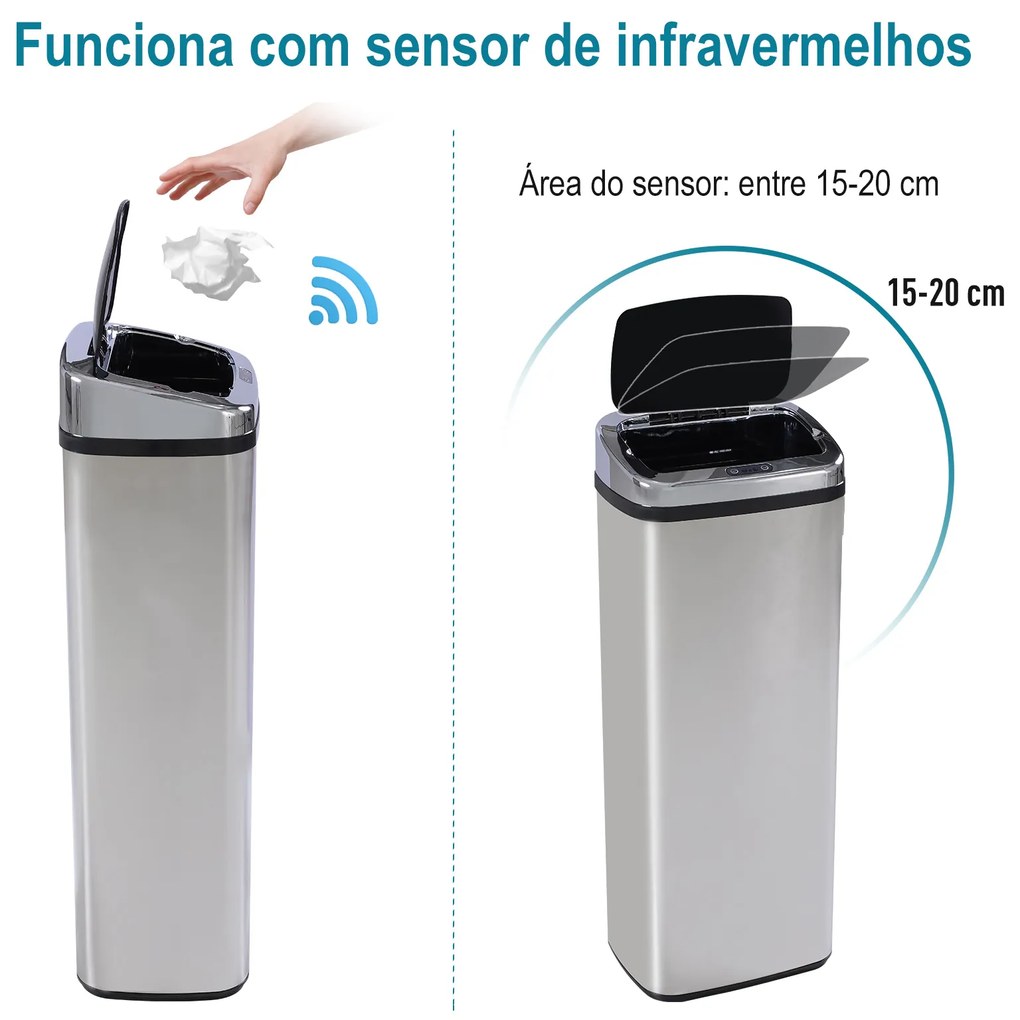 HOMCOM Balde de Lixo Inteligente de Aço Inoxidável 50L com Sensor Infravermelho de Abertura Automática para Cozinha Dormitório Casa de Banho 33x25x84 cm Prata e Preto