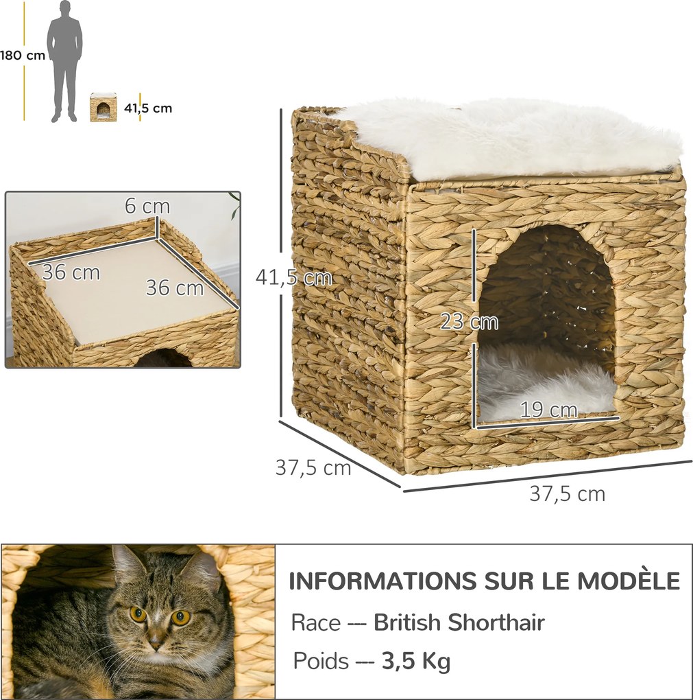 Compartimento aberto para gatos de 2 andares com 2 almofadas em jacinto-d'água - 37,5 x 37,5 x 41,5 cm castanho-creme