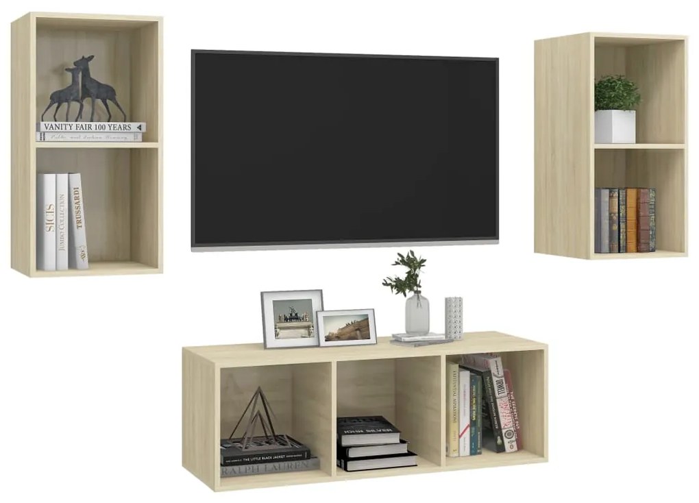 3 pcs conjunto móveis de TV derivados madeira carvalho sonoma