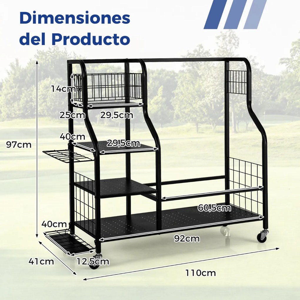 Organizador de armazenamento de tacos de golfe com 3 Estantes 1 Cesto 1 Rodas amovíveis 6 Ganchos para acessórios de equipamento de golfe