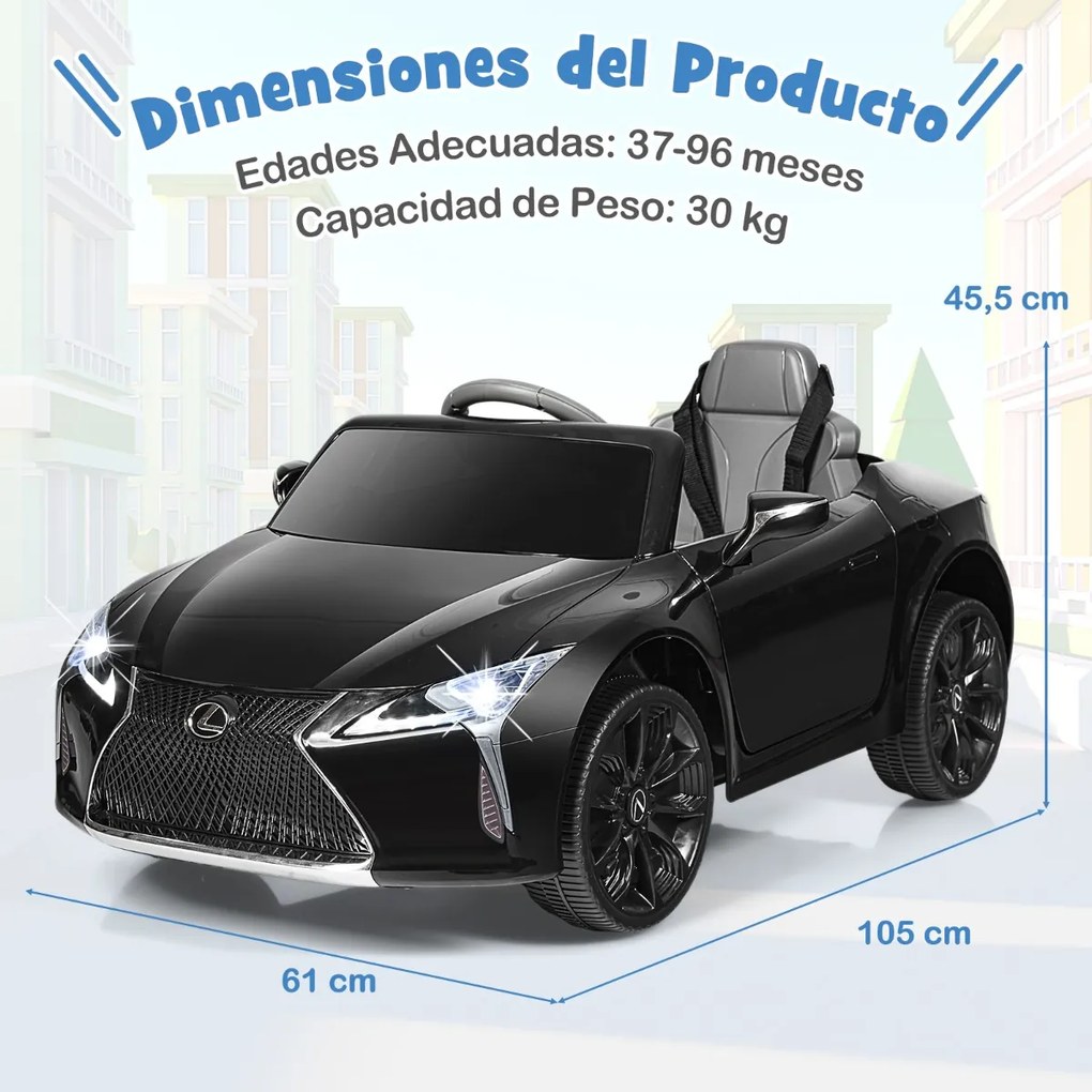 Carro elétrico para crianças Lexus com licença oficial com bateria 12V e controlo remoto 2.4G Luzes LED brilhantes e música Preto