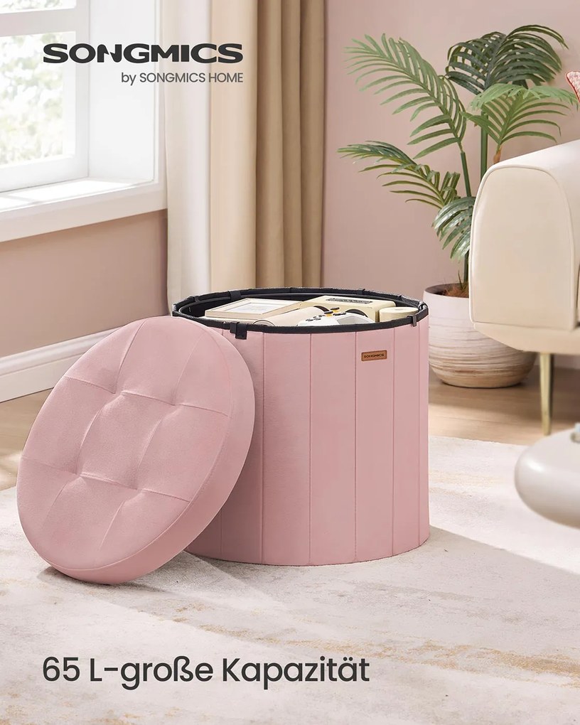 Banco redondo 46 cm de diâmetro com espaço de arrumação e tampa amovível rosa pastel