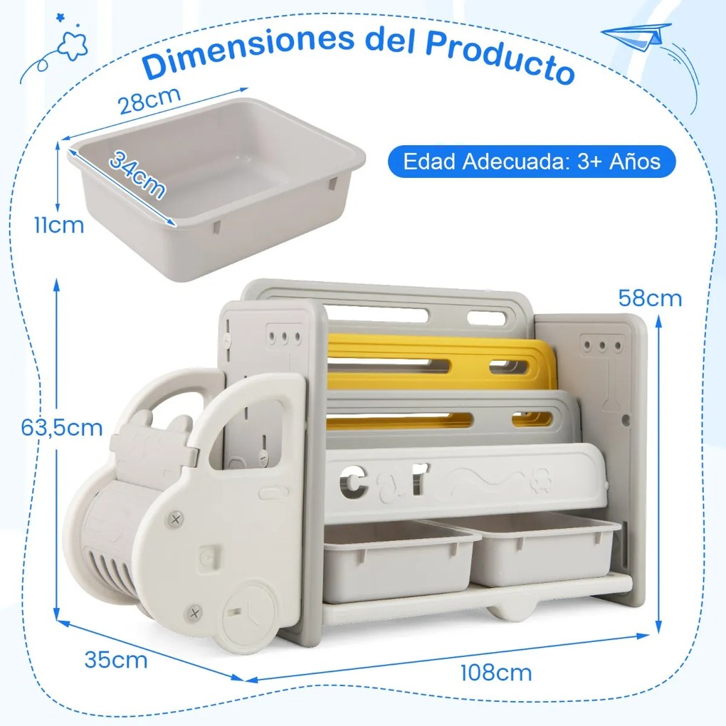 Armário de armazenamento para brinquedos com tema de carros, com prateleira de 3 níveis, 2 caixas de armazenamento, 108 x 35 x 63,5 cm, cinzento