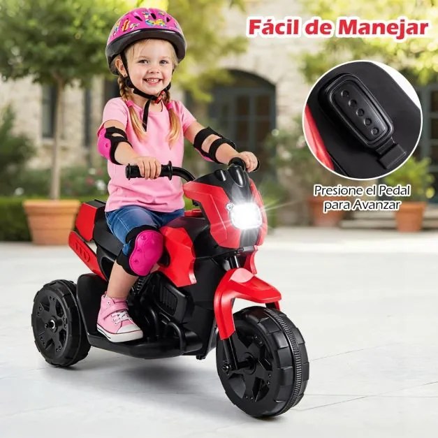 Mota elétrica 6V para crianças com sons, luzes LED, rodas antiderrapantes, botão de arranque para 1-3 anos, Vermelha