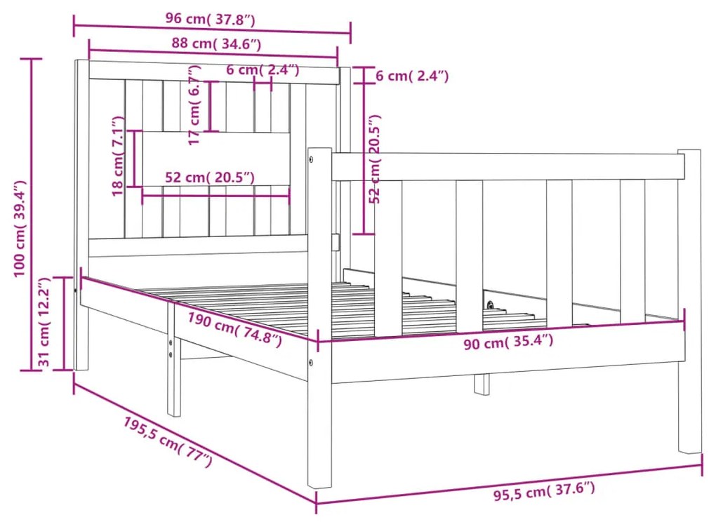 Estrutura cama de solteiro 90x190 cm madeira maciça branco