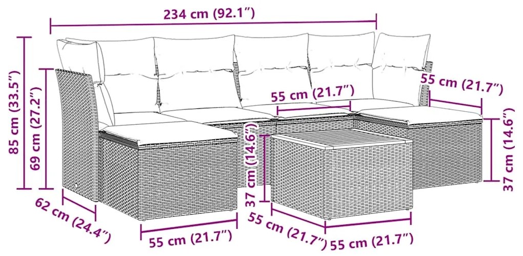 7 pcs conjunto de sofás p/ jardim c/ almofadões vime PE preto