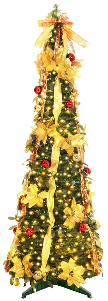 HOMCOM Árvore de Natal Dobrável 180 cm Árvore de Natal Artificial com Luzes LED e Decorações Pré-Instaladas  Ø60x180 cm Verde