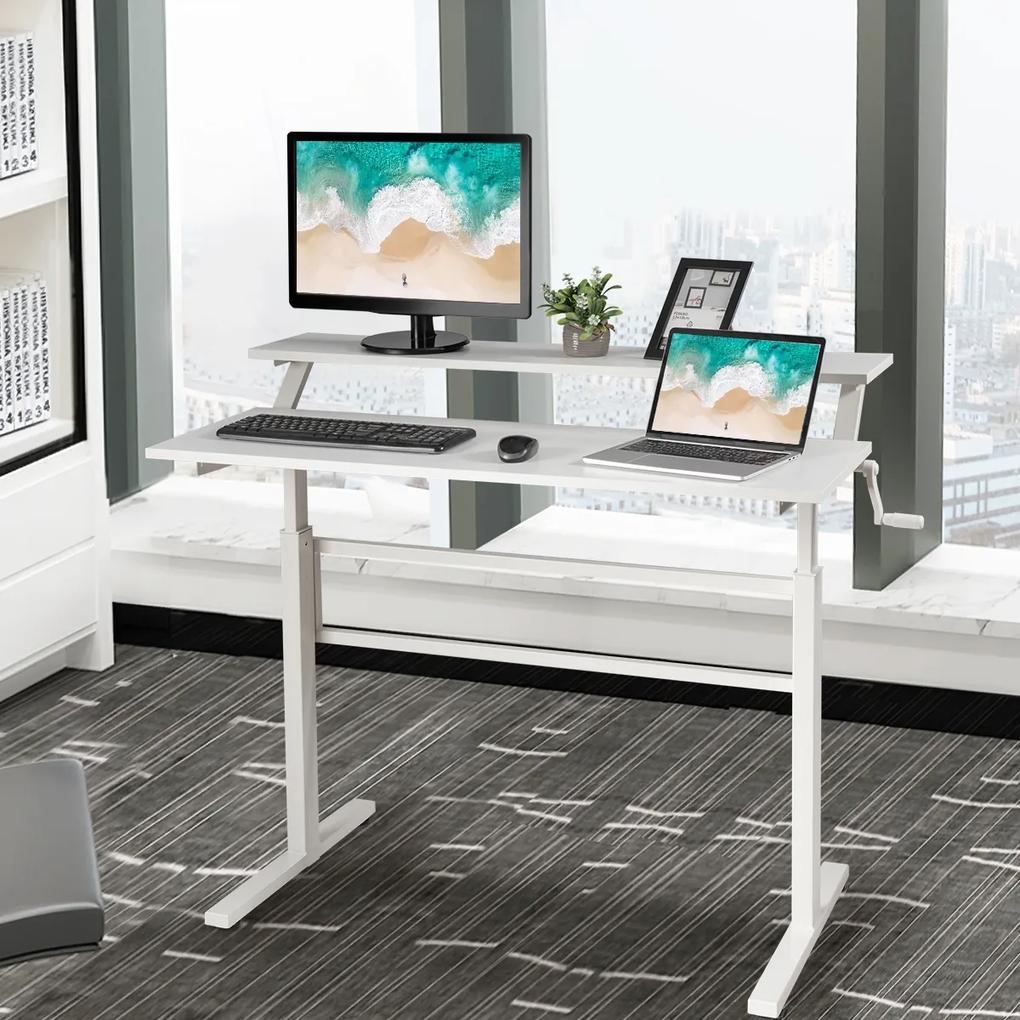 Secretária ajustável em altura de 2 níveis com prateleira e cabo de monitor para casa e escritório 120 x 60 x 88-126 cm Branco