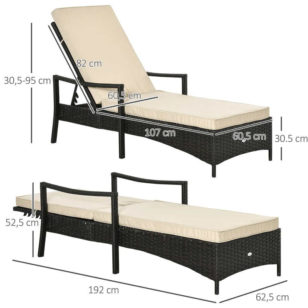 Outsunny Espreguiçadeira de Vime de Jardim Espreguiçadeira com Encosto Ajustável em 4 Posições Almofadas Acolchoadas e Capa Removível para Terraço Pátio Exterior 192x62,5x58-95cm Marrom e Bege