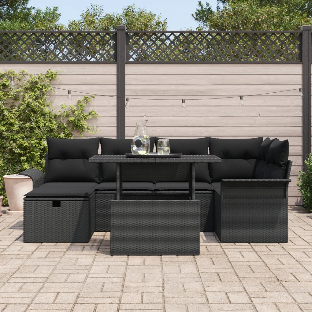 Conjunto de Sofás de 7 Peças para Jardim com Almofadas Preto Poliratan