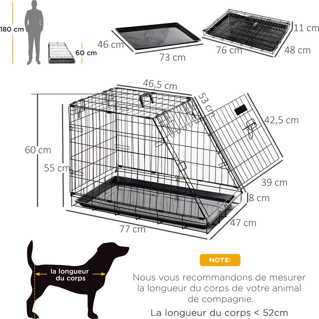 Gaiola de transporte para cães, tamanho L, dim. 78 x 47 x 55 cm, metal preto